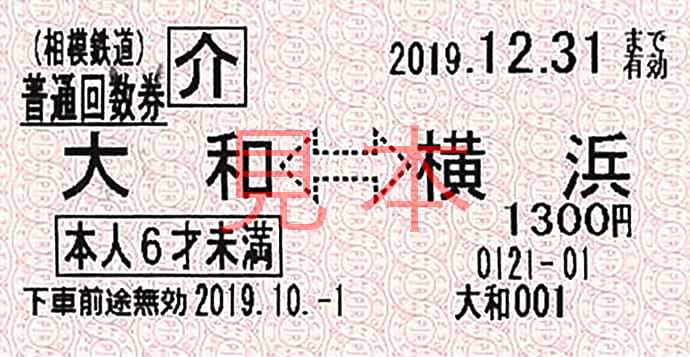 回数乗車券 介護者（本人6才未満） 券面